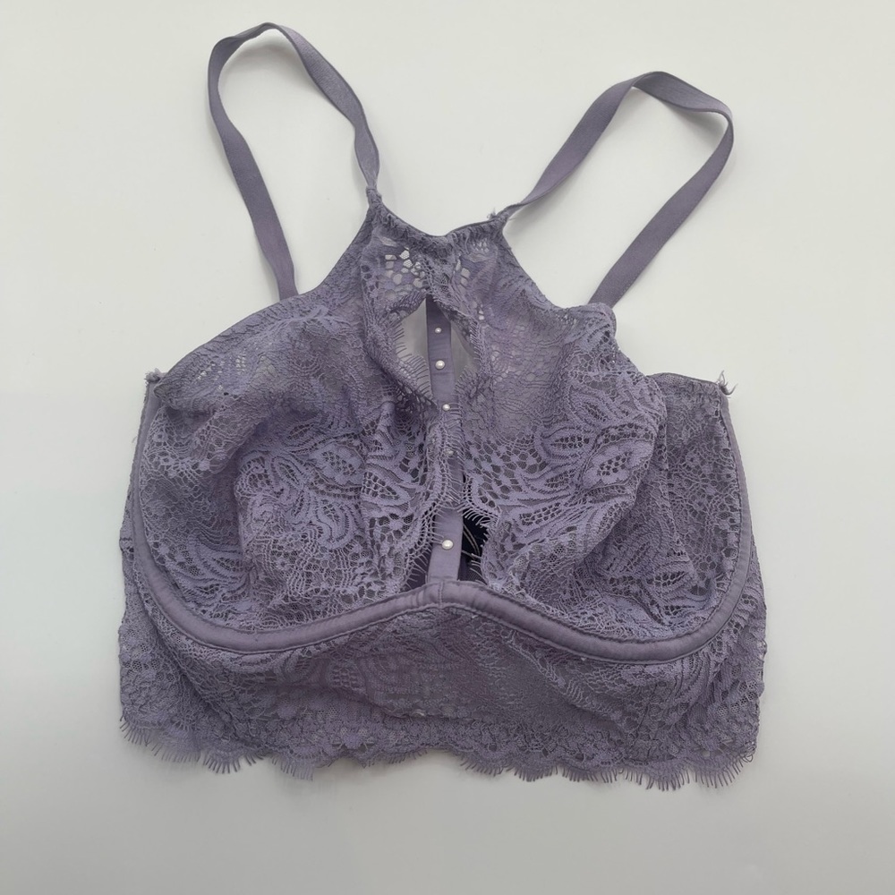 Victorias Secret Bra Unlined Plunge Light Purple Floral Lace High Neck 32DD